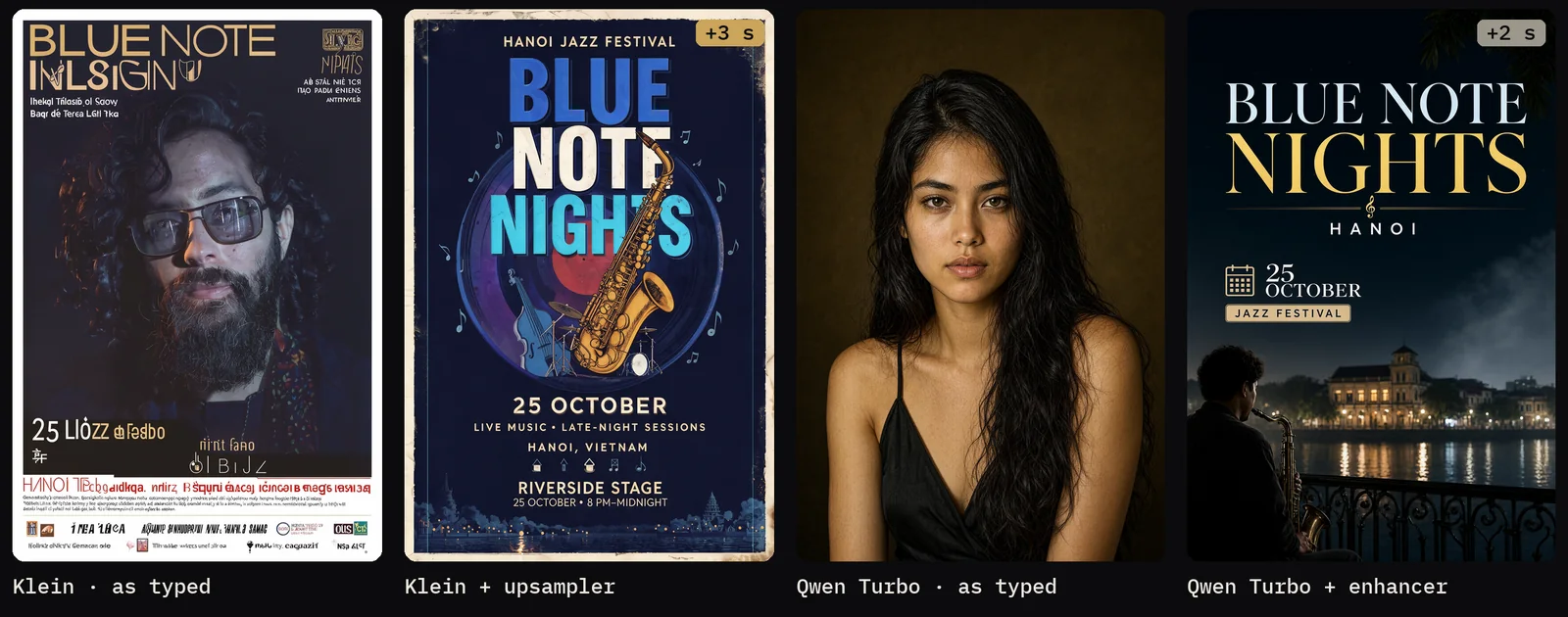 Four AI-generated results for one short jazz-festival poster brief, seed 0: FLUX 3 Klein as typed gives scrambled letters, FLUX 3 Klein with Black Forest Labs' prompt upsampler gives a finished BLUE NOTE NIGHTS poster, Qwen-Image 2.1 Turbo as typed gives a plain portrait, and Qwen-Image 2.1 Turbo with its enhancer gives a finished poster