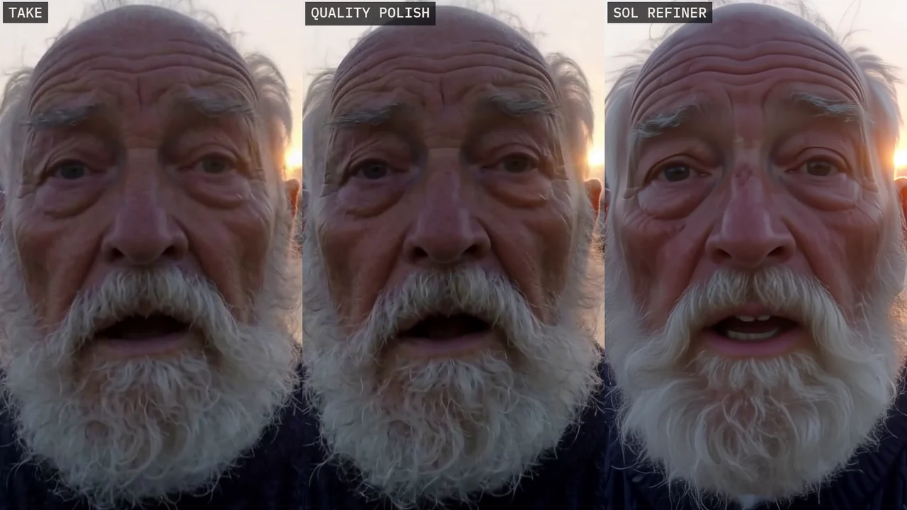 Three 1:1 crops of the same AI-generated MiniMax H3 frame of an old bearded fisherman: the 20-step take, the Quality polish and SoL Refiner, where his eyes turn brown and his nose and skin change