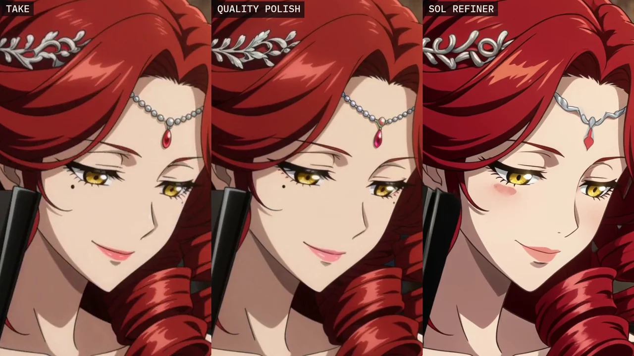 Three 1:1 crops of an AI-generated 2D anime close-up of a red-haired villainess: the 20-step take, the Quality polish and SoL Refiner, which turns her pearl circlet into a metal band and her leaf tiara into curls, removes her beauty mark and adds a blush