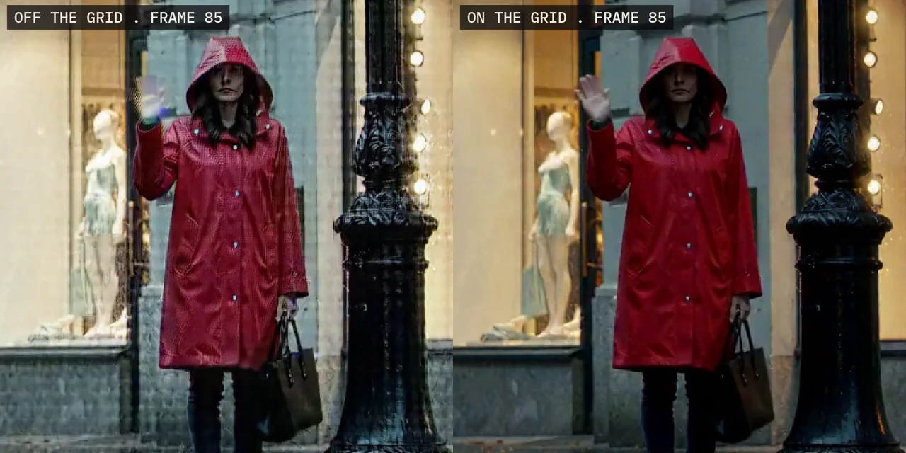 Frame 85 of an AI-generated MiniMax H3 render in two versions: on the left, a clip pinned off H3's 17-frame grid comes out grey and washed out with a ghosted hand; on the right, the same clip pinned on the grid is clean