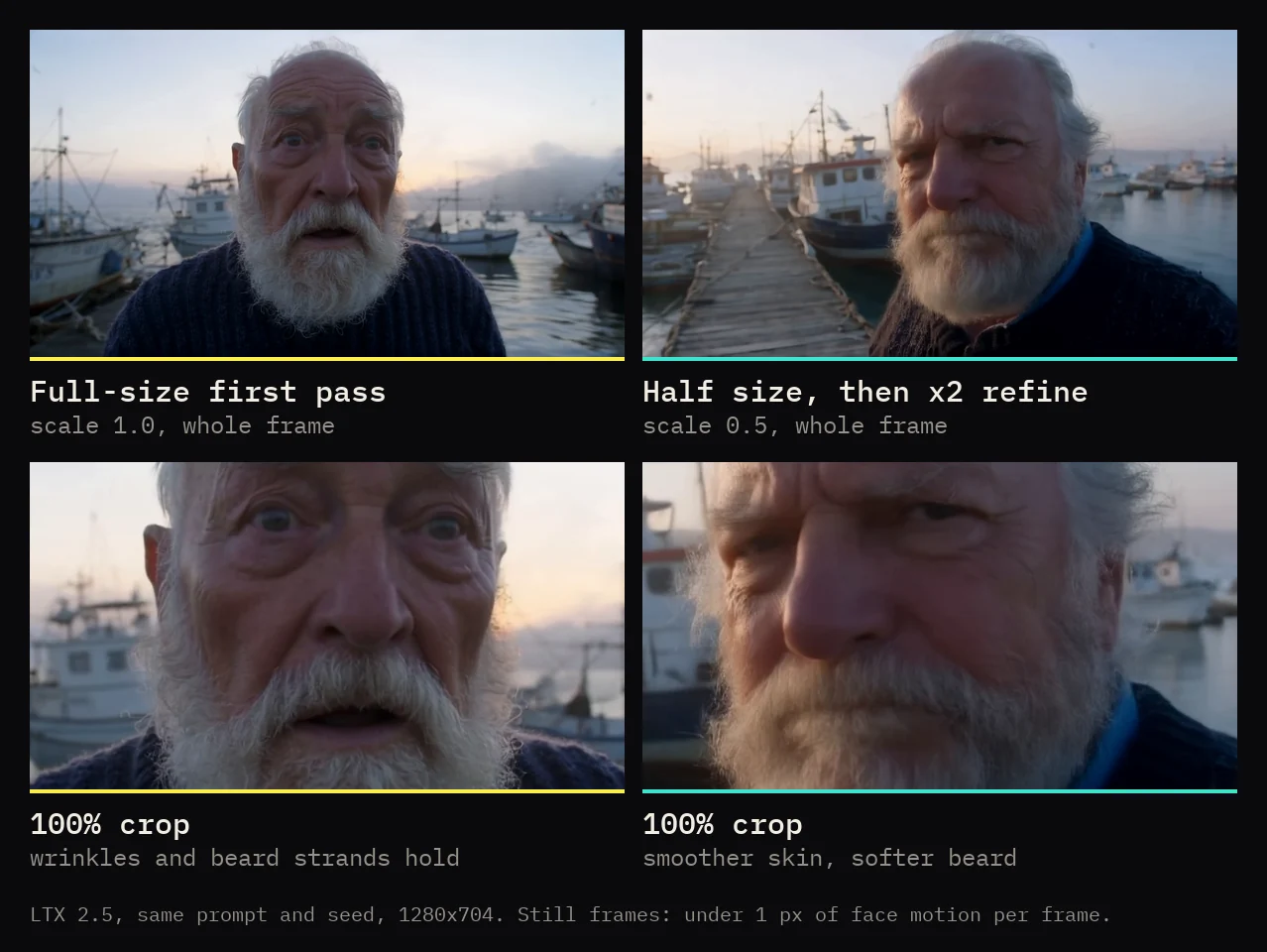 LTX 2.5 close-up of an old fisherman on a dock, both at a still moment: the full-size first pass keeps wrinkles and beard strands at a 100% crop, the half-size first pass with x2 refine comes out smoother