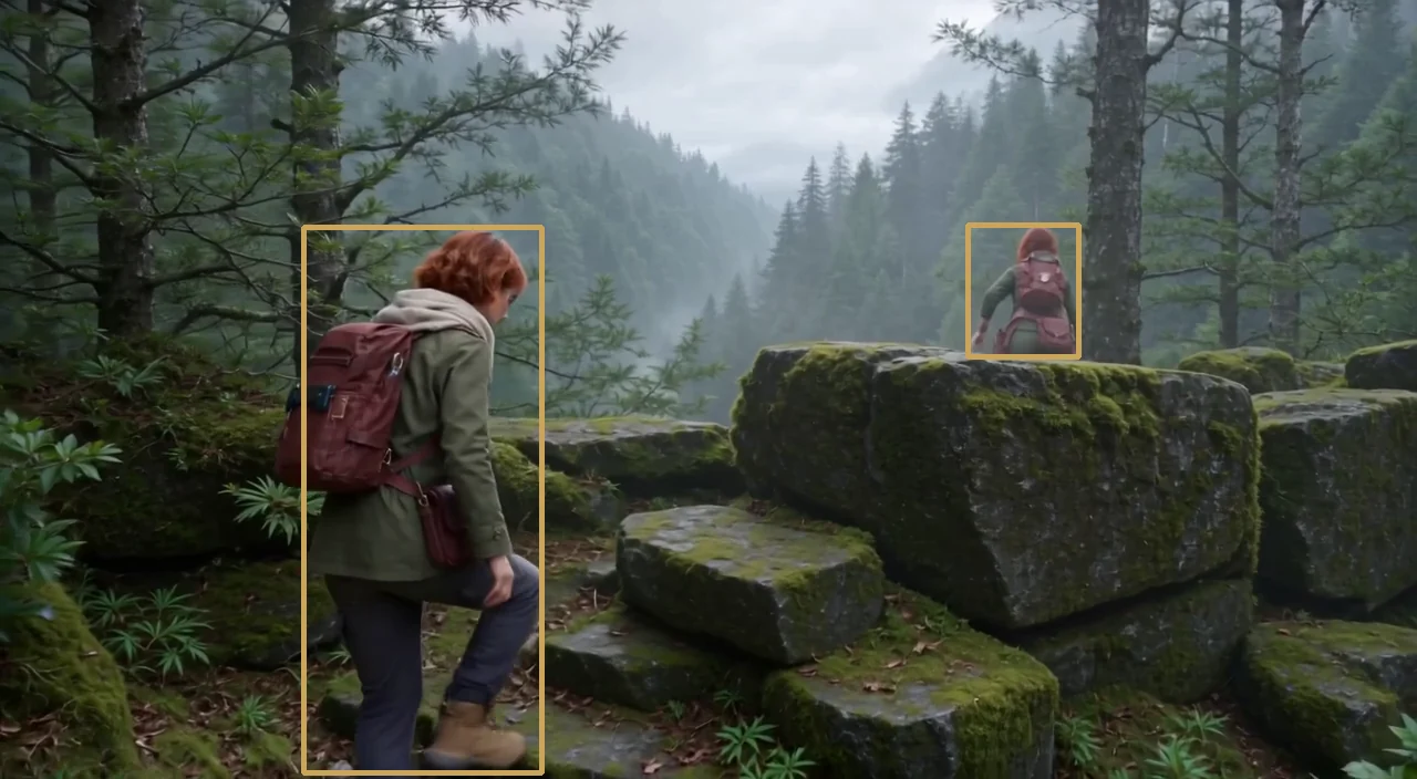 AI-generated LTX 2.5 frame in a misty forest: a red-haired explorer with a red backpack climbs mossy rocks while a smaller copy of her stands on top of the rocks, both marked by gold detection boxes