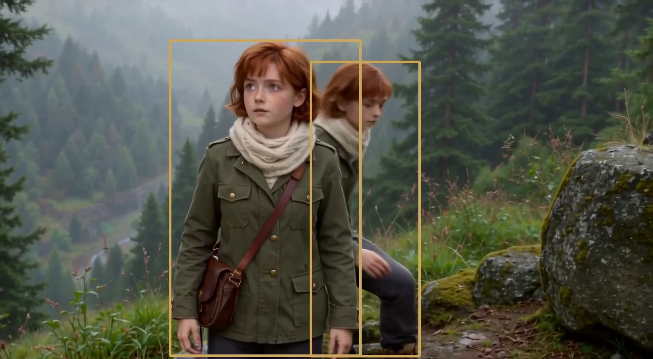 AI-generated LTX 2.5 frame on a misty mountain trail: the same red-haired explorer in a green field jacket and cream scarf appears twice, side by side, each marked by a gold detection box