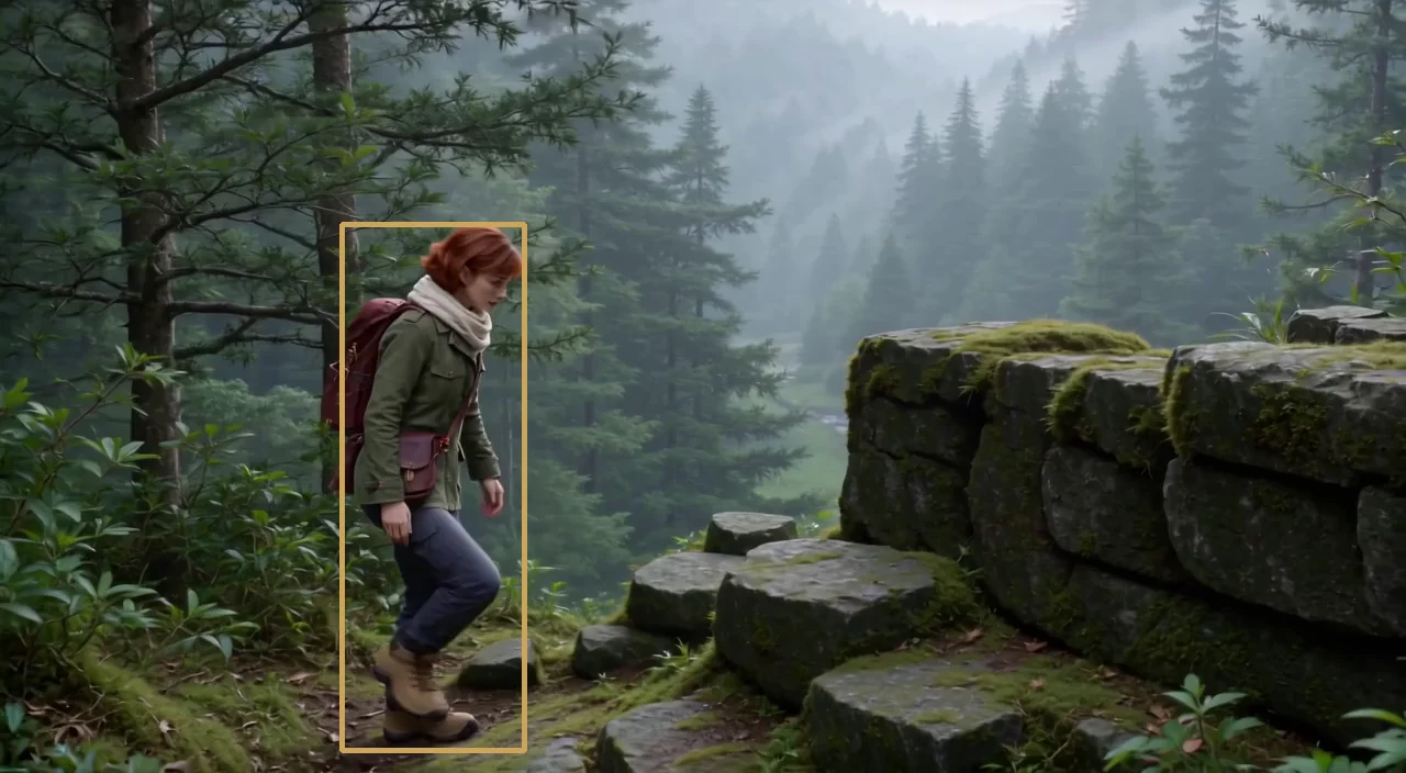AI-generated LTX 2.5 frame in a misty pine forest: one red-haired explorer with a backpack walks up a stone path beside a mossy rock wall, marked by one gold detection box
