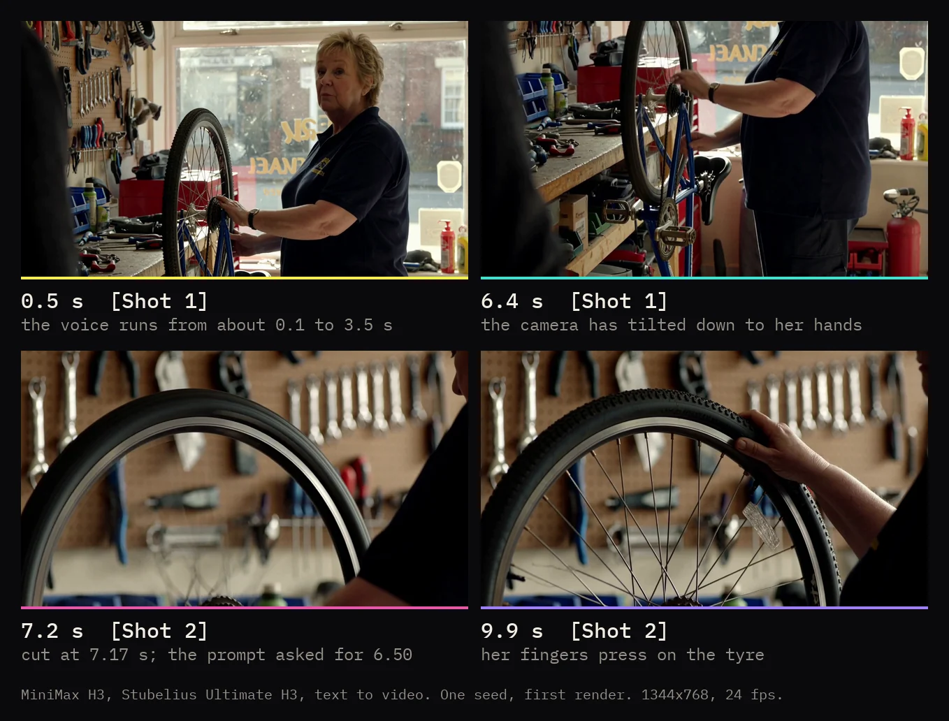 Four frames from a MiniMax H3 render of the example prompt: a bicycle mechanic talking at her workbench, the camera tilted down to her hands, a close-up of the wheel after the cut, and her fingers on the tyre