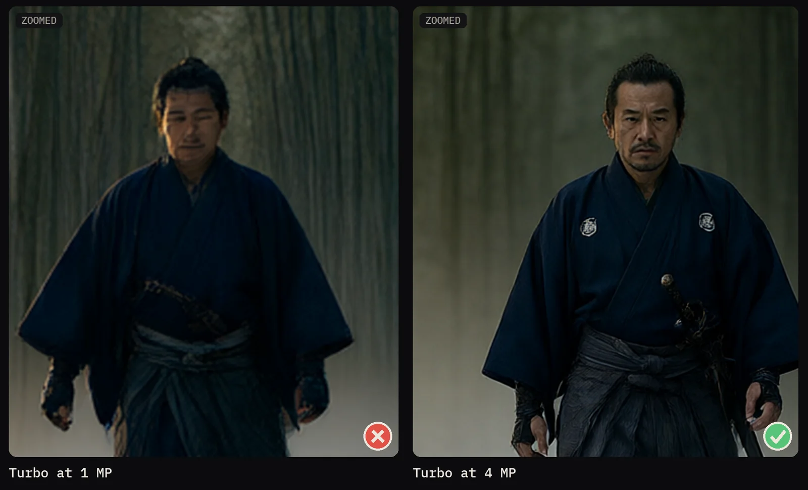 Two zoomed crops of an AI-generated Qwen-Image 2.1 Turbo samurai in a dark blue kimono walking through a misty bamboo forest: at 1 MP his small face is soft and smeared, at 4 MP it is sharp and detailed