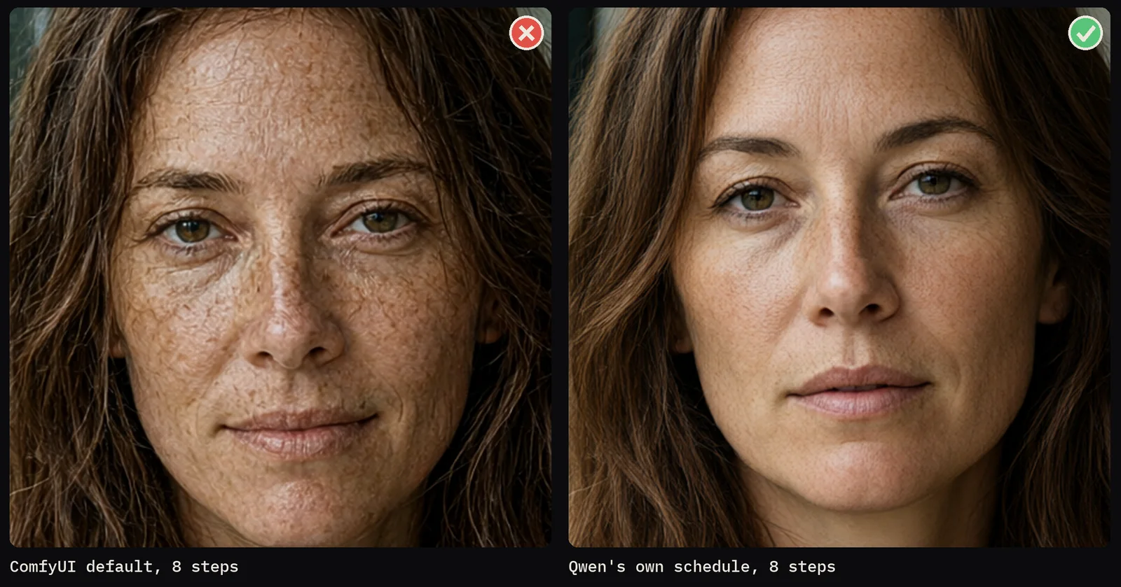 Two square close-up crops of the same AI-generated Qwen-Image 2.1 Turbo portrait of a freckled woman at 1 MP and 8 steps: with ComfyUI's default simple scheduler her skin looks cracked and crunchy, with Qwen's own saved schedule it is clean