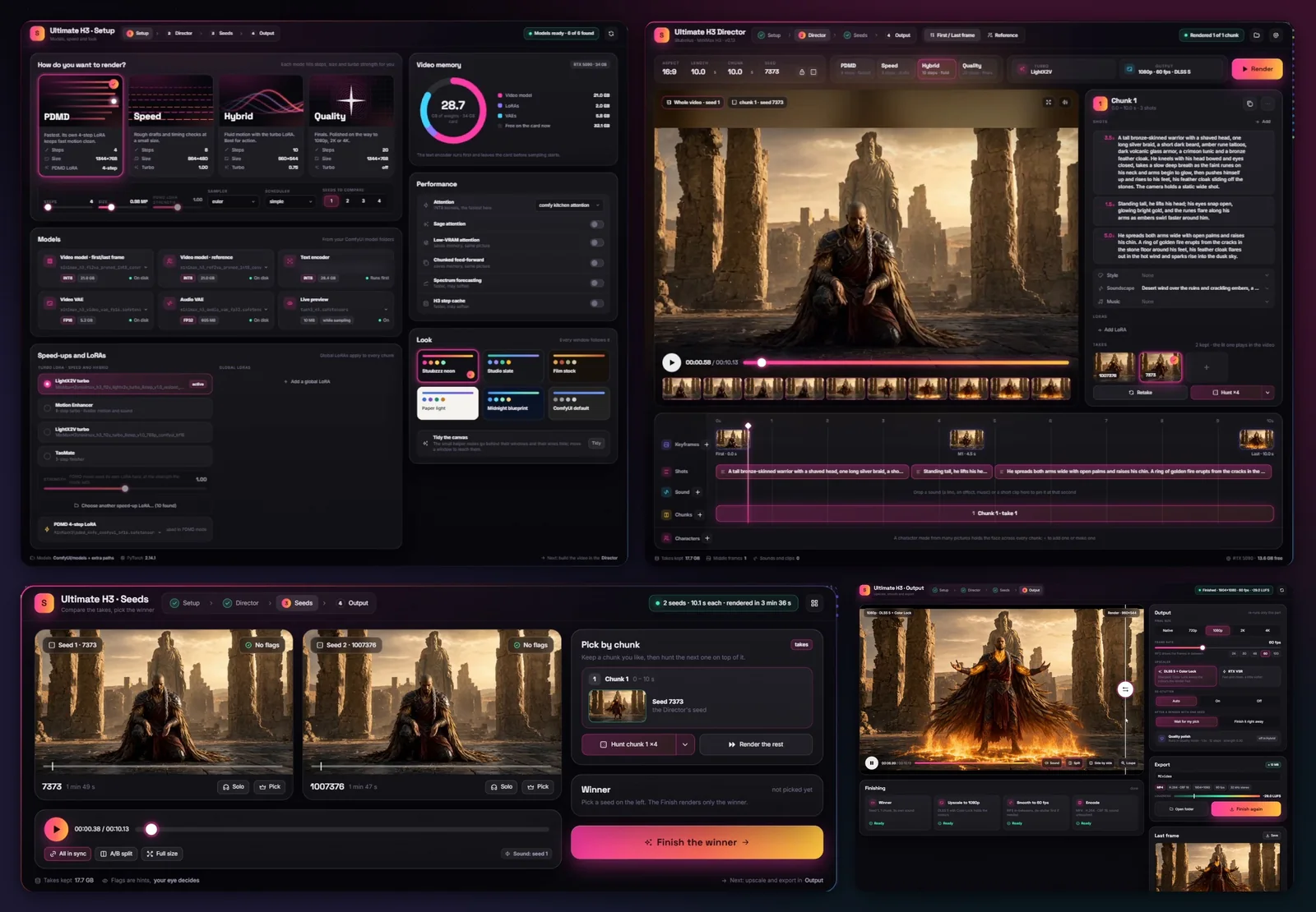 The four windows of Stubelius Ultimate H3 0.13 for MiniMax H3 in ComfyUI: Setup with PDMD, Speed, Hybrid and Quality cards, the Director with a 10-second timeline of first, middle and last frames and two kept takes, Seeds with two seeds side by side, and Output with a split view of an AI-generated warrior in a ring of fire