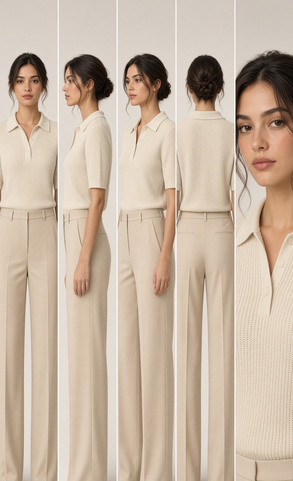 Consistent character dataset sheet: front, side, three-quarter, back and face detail of the same AI-generated model in a cream knit polo and wide trousers