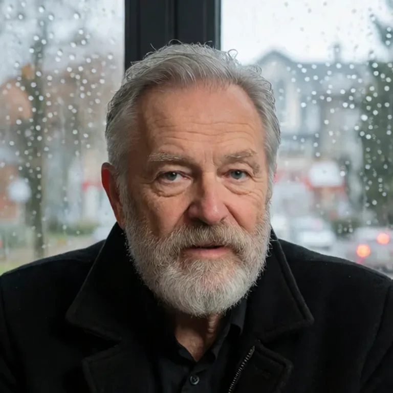 Portrait of an older bearded man in front of a rainy window, generated with no LoRA applied (strength 0.0)