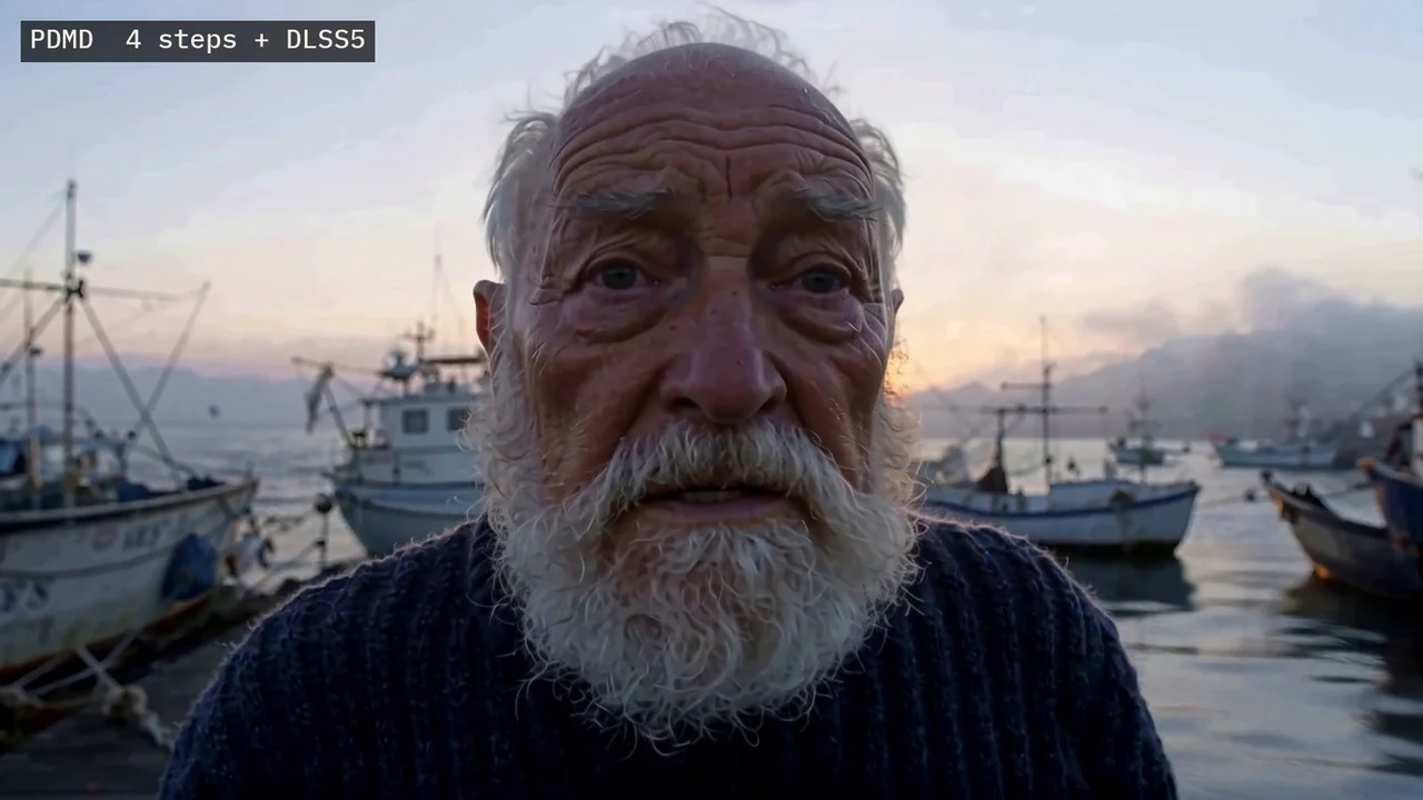 AI-generated MiniMax H3 frame rendered in 4 steps with PDMD: an old bearded fisherman in a navy sweater talking on a dock at dawn, fishing boats behind him