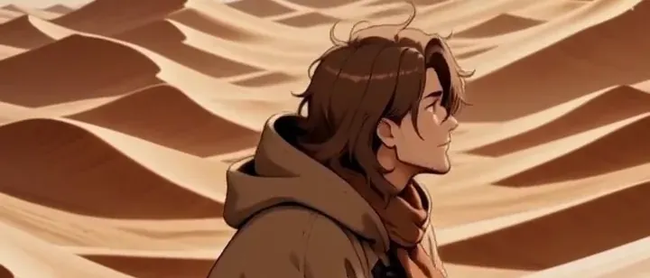 AI-generated frame made with a style LoRA: a hooded traveller in a desert, in a 2.5D anime look