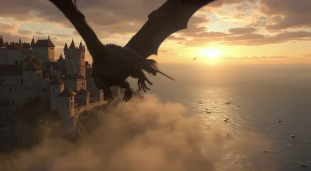 AI-generated frame: a dragon flying past a cliff-top castle above the clouds at sunset