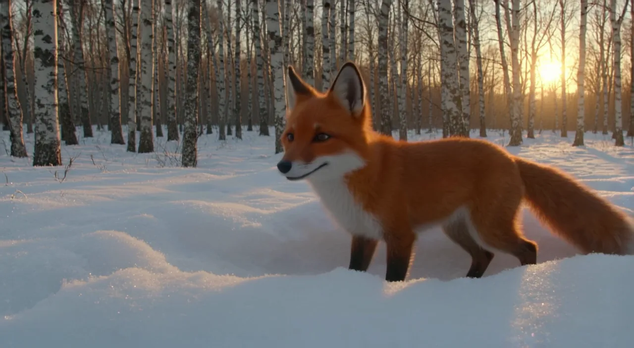 AI-generated LTX 2.5 video frame of a red fox in snow in a birch forest