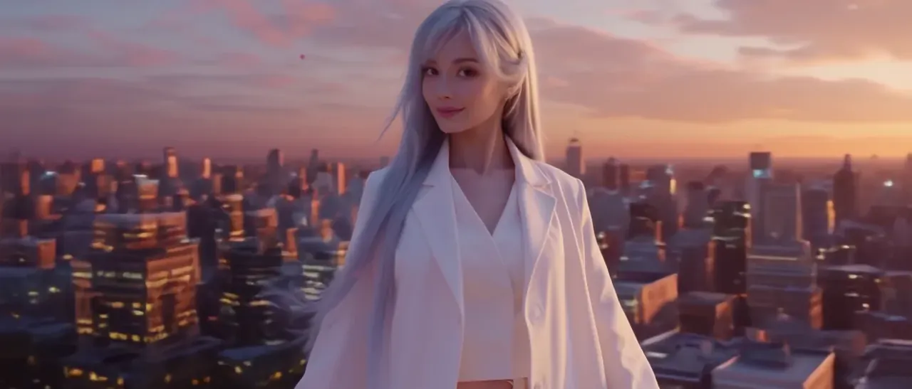 AI-generated video frame: a silver-haired woman in a white suit on a rooftop above a city at sunset