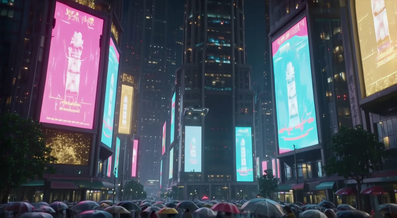 AI-generated frame: a neon-lit city street at night with umbrellas, rendered with the Ultimate LTX 2.5 workflow